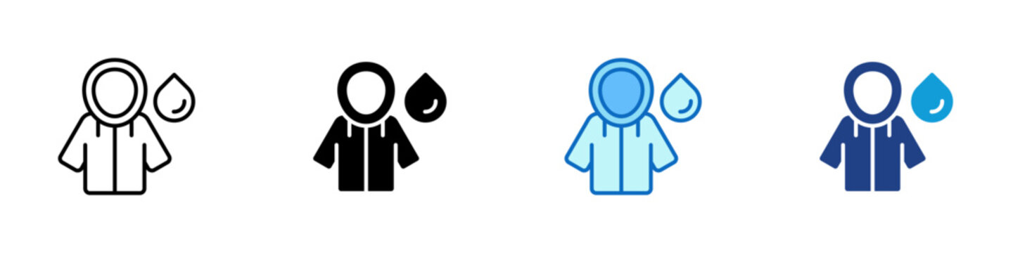 Waterproof Rain Jacket Multiple Style Icon Design Vector - Hooded raincoat with water droplet representing waterproof clothing, rain jacket protection, and water resistant apparel for outdoor wear