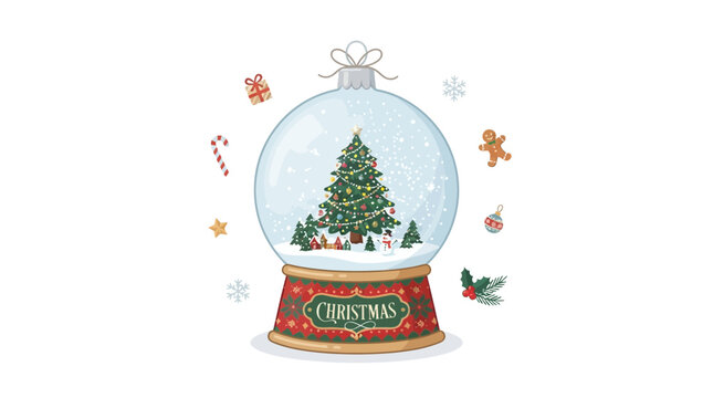 Festive Christmas snow globe vector illustration, decorated Xmas tree snowglobe glass ornament, holiday greeting card design element