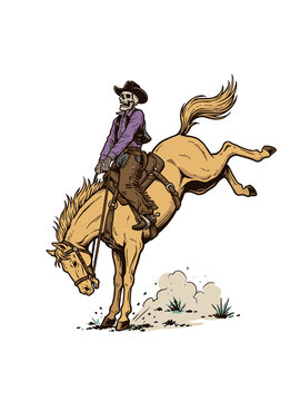 Vintage western skeleton cowboy riding a bucking horse in a rodeo, retro vector graphic illustration for t-shirt design and apparel branding.