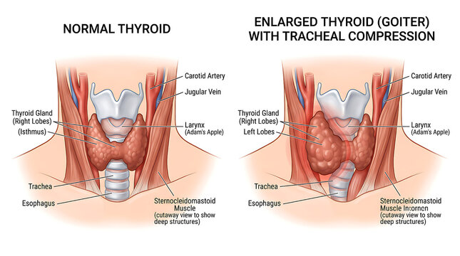 Medical illustration comparing healthy thyroid anatomy with a goiter showing tracheal compression and enlarged gland structure for endocrine study