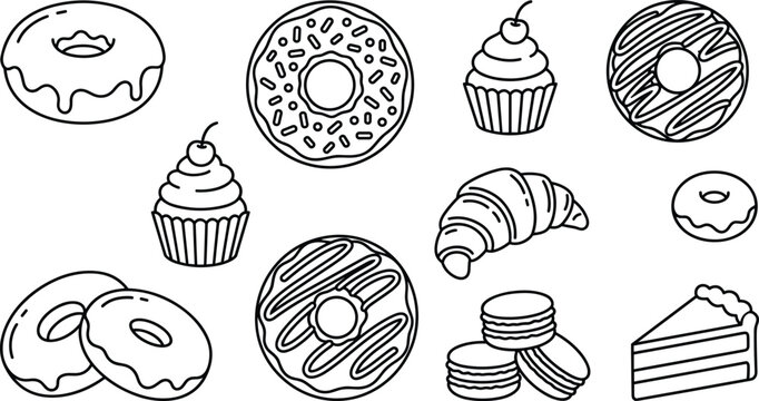 Sweet dessert and pastry coloring page line art vector collection featuring donuts cupcakes cake