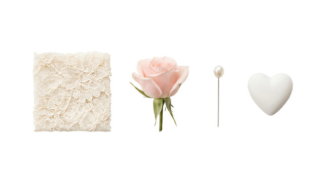 Delicate pink rose flower, elegant lace fabric, pearl pin, and white heart on transparent background