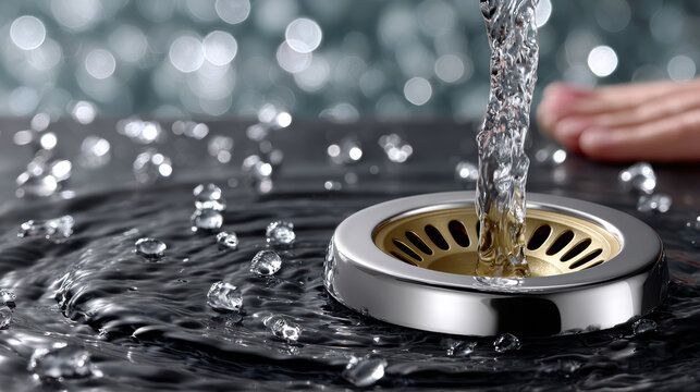 Close-up swirling water draining into chrome sink strainer for household plumbing maintenance and kitchen sink background