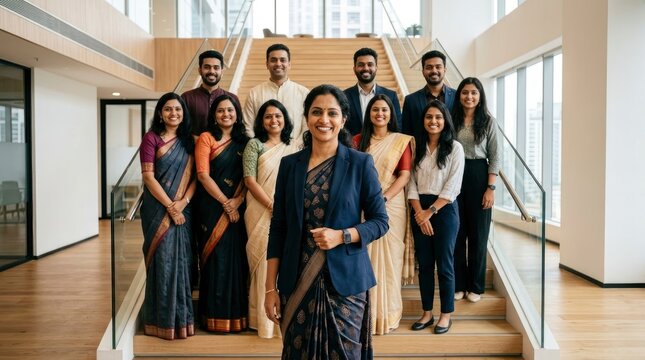 Confident Indian businesswoman leading a diverse team of professionals in a modern office setting