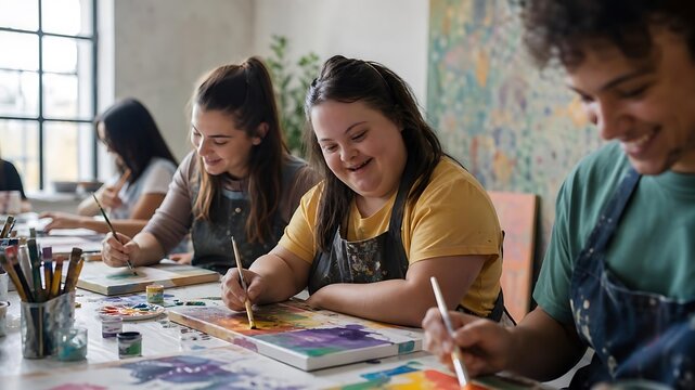 Joyful young woman with Down syndrome expressing creativity through vibrant painting in an inclusive community art workshop, fostering self-expression and friendship among young adults