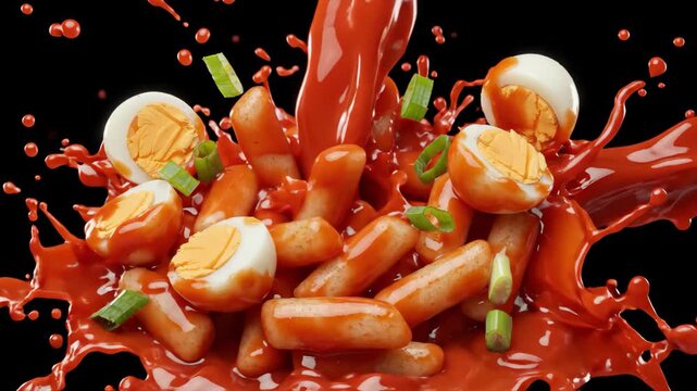 Korean rice cakes tteokbokki splashing in spicy gochujang sauce macro