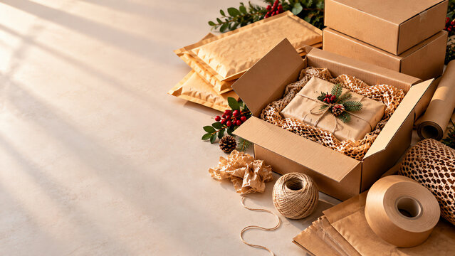 Open cardboard shipping box with christmas gift, brown paper packaging, bubble mailers, and twine on a light surface