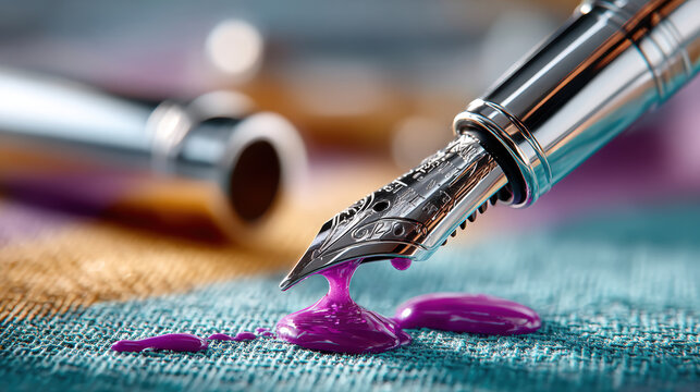 Closeup fountain pen nib dripping purple ink on textured fabric surface for writing a thank you letter or calligraphy art with vivid color detail