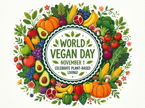 World vegan day illustration with assorted fresh fruits and vegetables
