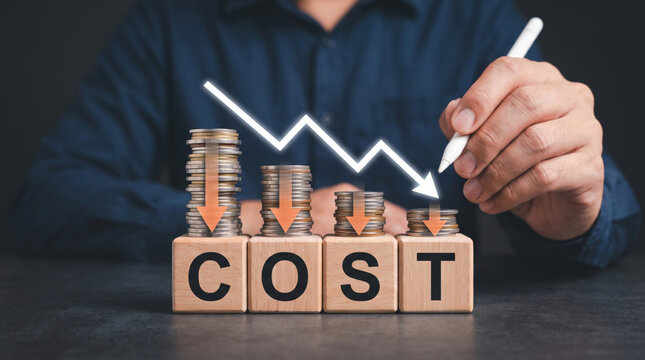Coins stacked decrease cost symbol. Finance investment recession crisis. money budget saving expense, value reduction down decayed, risk loss