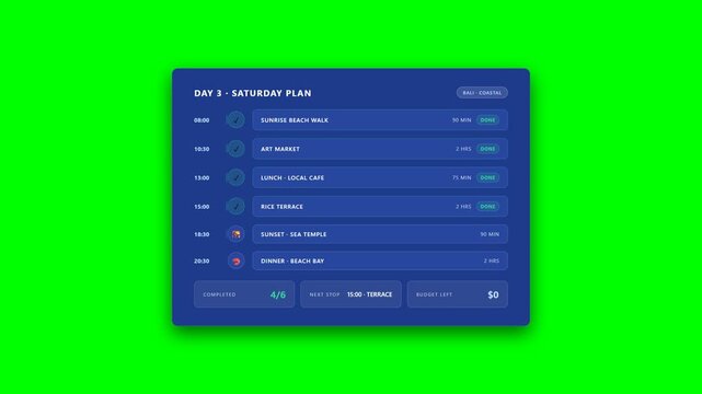 Daily travel itinerary schedule planner with timed activities and completion checklist animation
