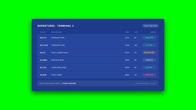 Airport departures flight status board with flight codes destinations gates and delay status