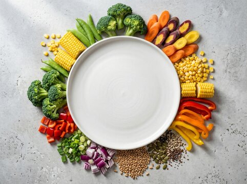 Empty white plate arranged with fresh chopped raw vegetables and seeds