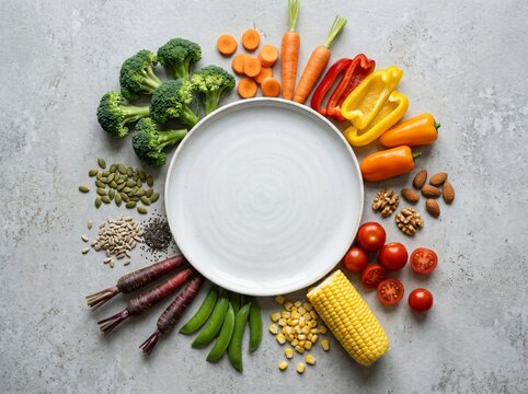 Empty white plate surrounded by fresh colorful raw vegetables and seeds