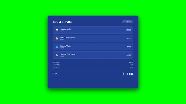 Hotel room service order screen with food items, quantities, prices and total animation