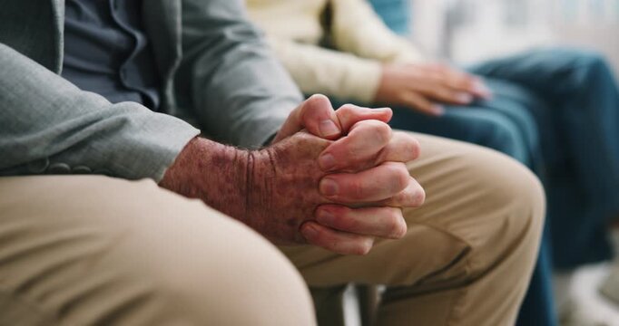 Nervous, hands and old man in waiting room with appointment, wellness update or checkup test results. Patient, fidget and senior person with anxiety for illness feedback, healthcare or help in clinic
