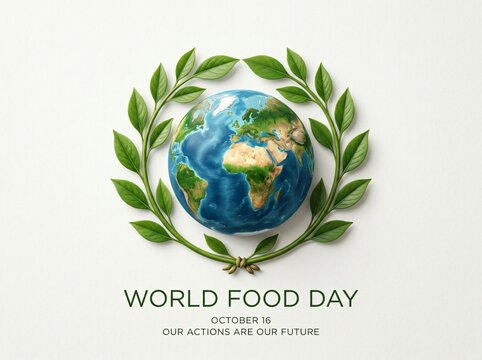 World food day globe encircled by green leaves on white background with planet earth