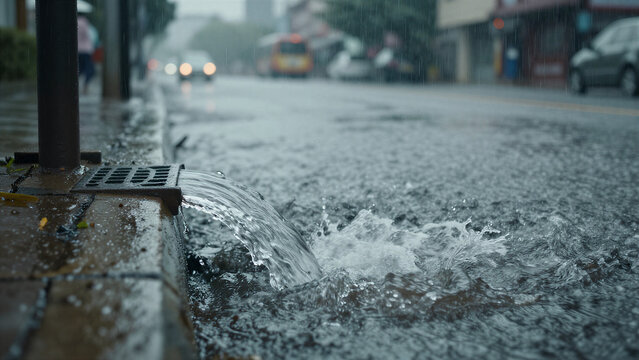 Heavy Rainfall Creating Water Accumulation on Urban Road, Copy space on the left