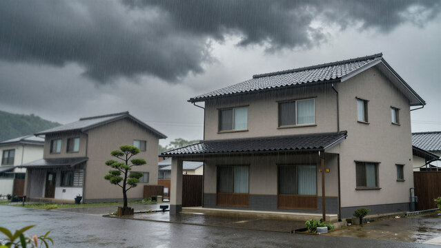 Japanese Detached House During Heavy Rainstorm, Copy space on the lef