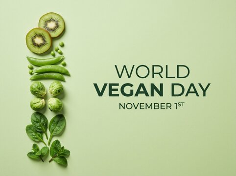 World vegan day text with green fruits and vegetables on light green background