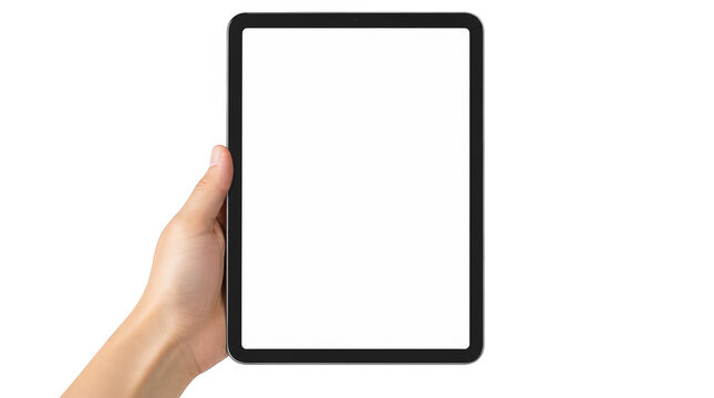 Hand holding modern tablet computer with blank white screen