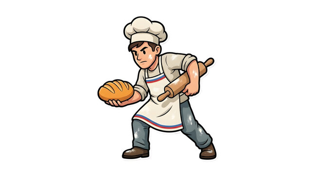 Cartoon chef baker holding bread and rolling pin.