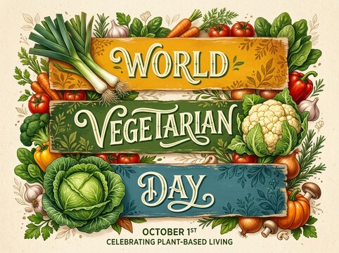World vegetarian day event poster with colorful fresh vegetables and text banners