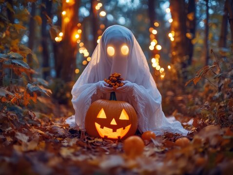 A person dressed as a ghost under a white sheet stands holding a carved, glowing Halloween Jack-o'-lantern pumpkin in a warm, bokeh-filled autumn forest.
