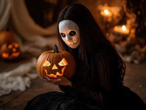 A portrait of a woman with long dark hair wearing a scary, expressionless white mask, holding a glowing carved Jack-o'-lantern pumpkin in a dark room.
