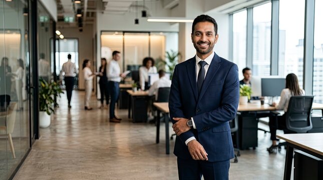 Portrait of a Confident Indian Businessman Smiling in a Modern Busy Corporate Office Setting
