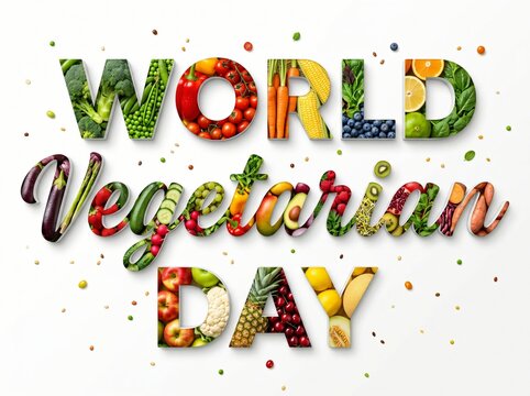 World vegetarian day text formed by fresh colorful organic vegetables and fruits