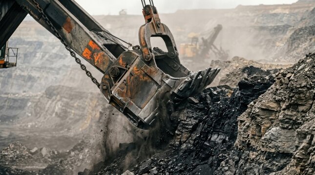 Closeup concept of opencast mining: a giant dragline excavator bucket biting into an exposed coal seam, layered black and grey rock strata, dust haze in the air, orange safety markings on heavy