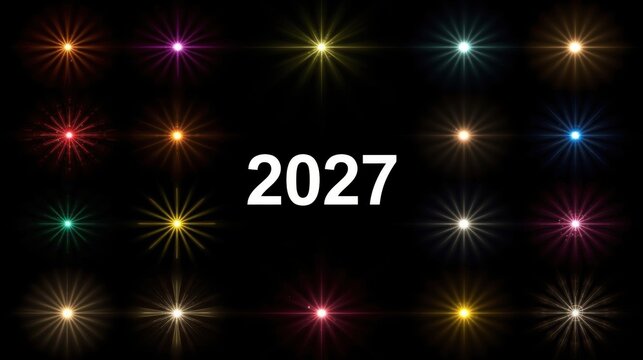 Futuristic starburst pattern background with the year 2027 in bold typography suggests forward-looking celebration.