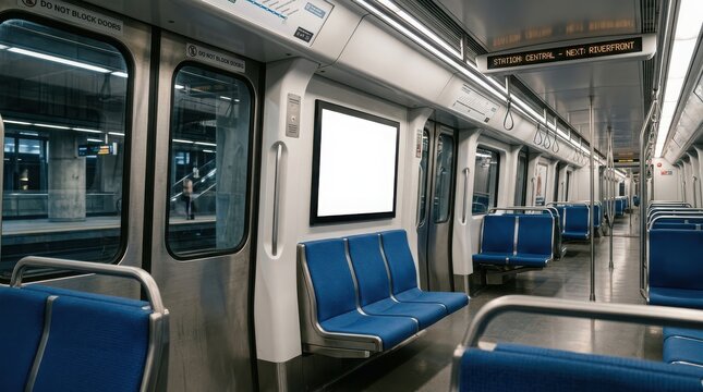 Subway train interior features blue passenger seats and a blank advertising frame mounted on the wall for promotional messaging.