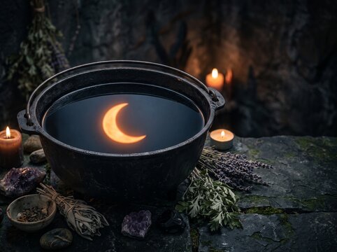 Glowing orange crescent reflected in a dark cauldron