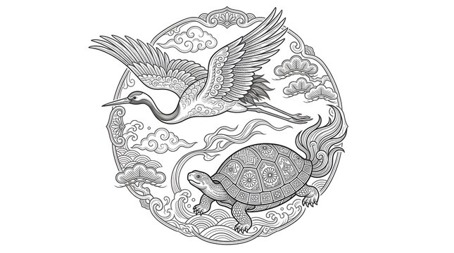Oriental Crane and Turtle Illustration &ndash; Traditional Asian Line Art Vector Design