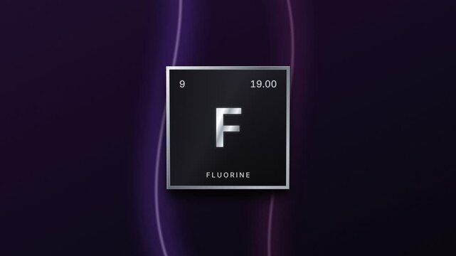 Fluorine element periodic table silver plaque on a purple background