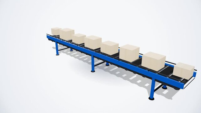 Beige cardboard packages move continuously along a blue industrial conveyor belt system inside an automated warehouse showcasing smooth supply chain packaging line motion.