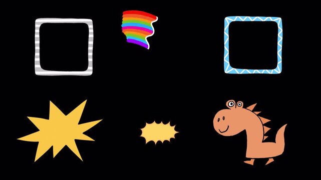 Hand Drawn Cute Dinosaur Rainbow and Picture Frames Cartoon Animated Graphic Elements