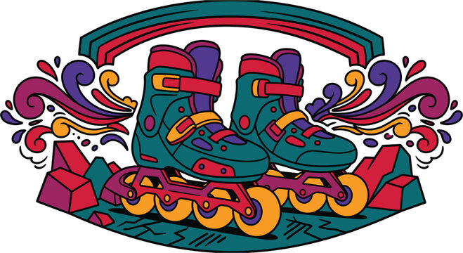 Inline skates vector illustration with retro psychedelic art style, colorful rollerblades graphic