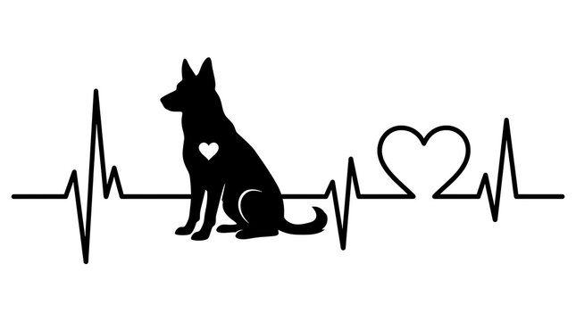 Black german shepherd silhouette sitting with heart and ecg line medical vector illustration