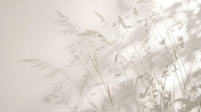 Delicate grass silhouettes and botanical shadows on a bright white surface, creating a soft minimalist nature-inspired background.