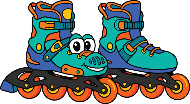 Inline roller skates vector illustration, cute cartoon inline skates with smiling face and googly eyes