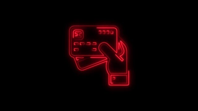 glowing neon Hand holding a contactless credit card icon for fast digital payment systems. Tap to Pay, Cashless Transaction, Mobile Banking, Fintech Motion ...