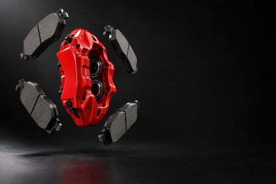 Stunning bright red sport brake caliper surrounded by four matching black friction pads floating against a sleek dark studio background