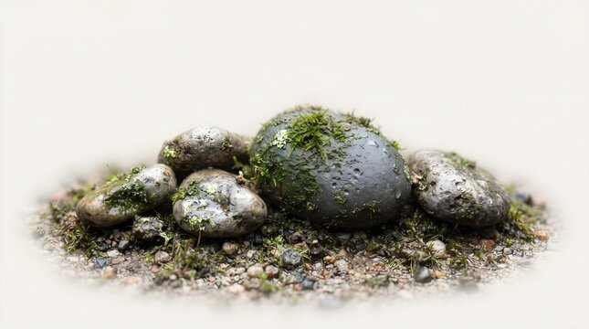 Natural stones covered with vibrant green moss arranged on a clean light surface, highlighting organic textures and peaceful woodland elements.