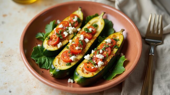 Barquitas de calabac&iacute;n al horno rellenas de hierbas, verduras y queso feta, servidas en cer&aacute;mica r&uacute;stica