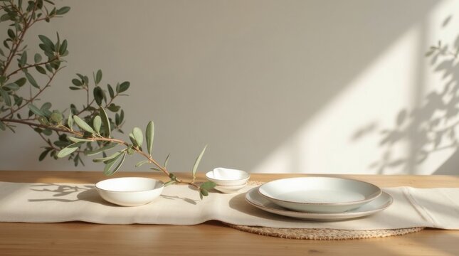 Mesa de comedor de roble natural con platos de cer&aacute;mica blancos