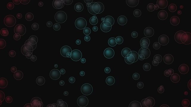 Abstract bubbles with red and blue outlines on a dark background motion