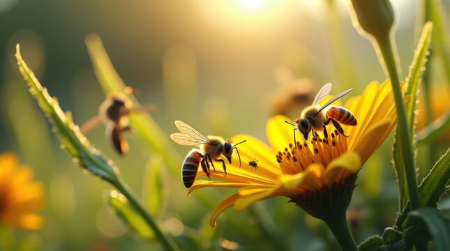 Una peque&ntilde;a secci&oacute;n de un prado de flores silvestres, con abejas, mariposas e insectos diminutos movi&eacute;ndose entre los p&eacute;talos